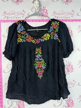 Kas designs tshirt flowers Black Embroidered Floral Peasant Blouse - Women